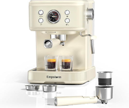 Empstorm Espresso Filtermachine met melkopschuimer, 20 bar, espressomachine met zeefhouder, 2-in-1 Expresso machine voor poeder en capsules, 1,5 l waterreservoir, zeefhouder, koffiezetapparaat, wit