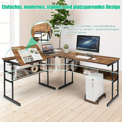 Bureau – Bureaumaatschappij – Computertafel – Hoekbureau – Werkplek – L-vormig Bureau – Met Opbergrekken – Verstelbare Kantelplaat – Stevig Metalen Frame – Compact 170x150x75 cm – Hoogwaardig MDF Hout