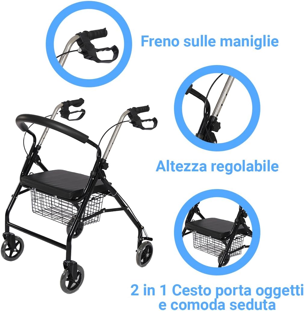 FERRUCCI COMFORT Rollator, inklapbaar, ultralicht, met wielen, remmen, mand en ergonomische zitting voor senioren, 4 remwielen, Europese CE-markering, zwart