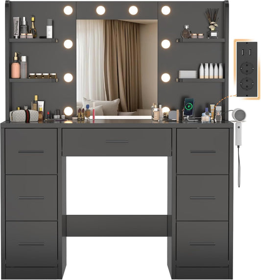 Kaptafel – Make-Uptafel – Schoonheidstafel – Toilettafel – Zwart – Verstelbare LED-Verlichting – 7 Laden En 4 Open Vakken