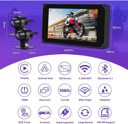 VSYSTO Motorfiets Carplay Scherm, Draadloze Carplay en Android Auto, GPS Navigatie, Parkeermonitoring, Bandenspanningssensoren, 5-Inch WiFi Dashcam 1080P Voor- en Achtercamera (CS5PRO)