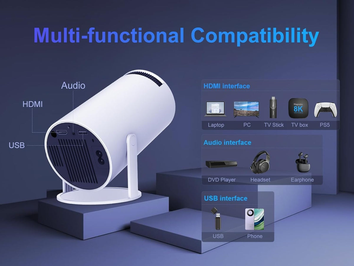 Mini-beamer, 4K Full HD 1080p 180° draaibare draagbare projector, kleine videoprojector, ondersteunt 2.4/5G Dual WiFi en Bluetooth 5.0, met Android en iOS 11.0 home theater smart beamer