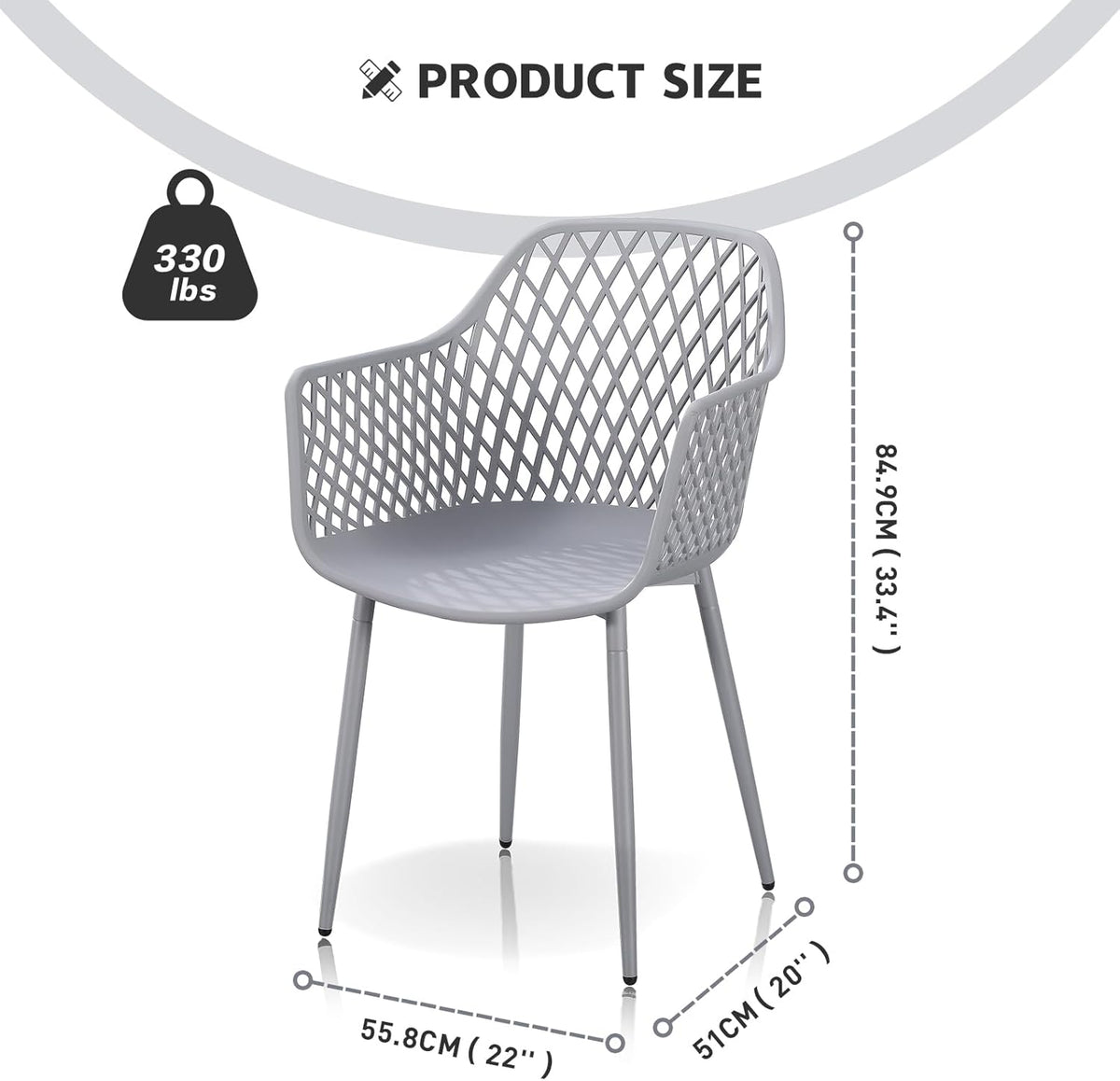 Eetkamerstoelen met armleuningen, uitgehold ruitpatroon, tuinstoelen, set van 4, grijs