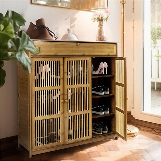 Schoenenkast – Schoenenrek – Schoenopberger – Schoenmeubel – Schoenlade – Bamboe Houten Kast – Geventileerde Schuifdeuren – 4 Ruime Planken voor 16-18 Paar Schoenen