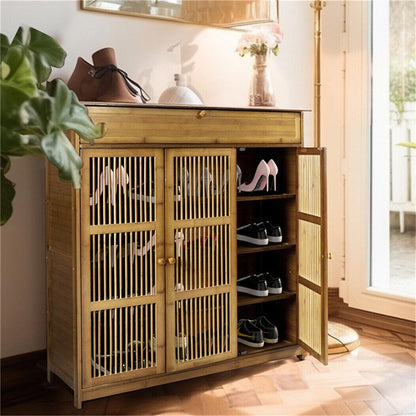 unho Bamboe schoenopbergkast: houten schoenenrek organizer met 3 holle deur en lade voor hal entree 4 niveaus