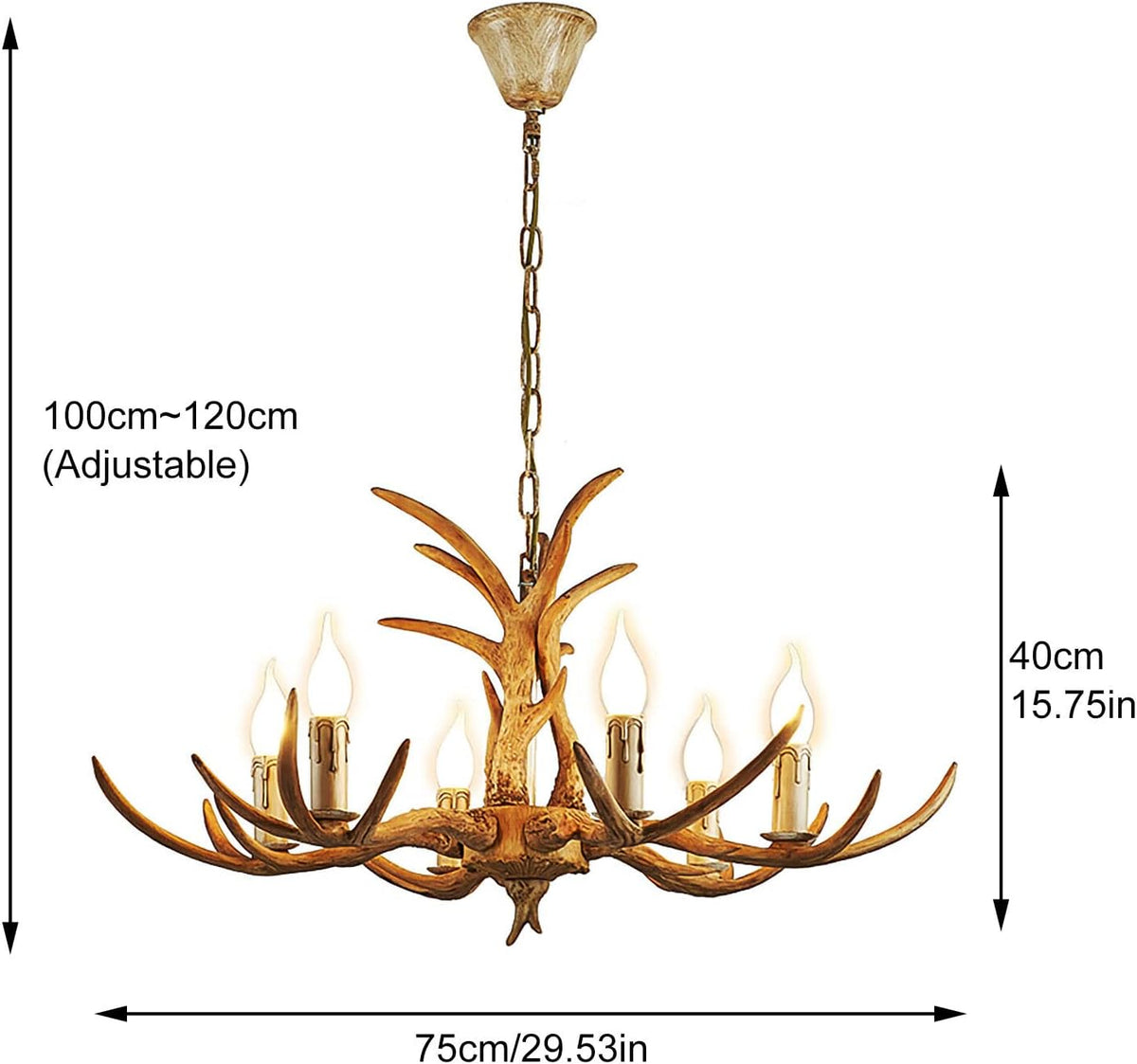 Retro plafondlamp – Geweilamp – Kroonluchter – Hanglamp – Antler lamp – Verstelbare hoogte – 6 x E14 Fittingen – Hars materiaal – Diameter 75 cm