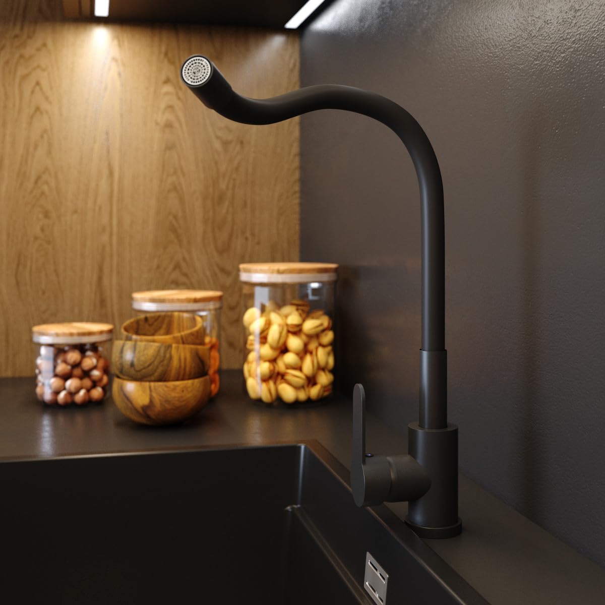 Granitan Gootsteen voor garage, kelder, werkplaats en waskeuken, universele wastafel met sifon, wastafel, wandmontage, 50 x 34 x 31 cm (zwart + wastafelarmatuur FLEX)