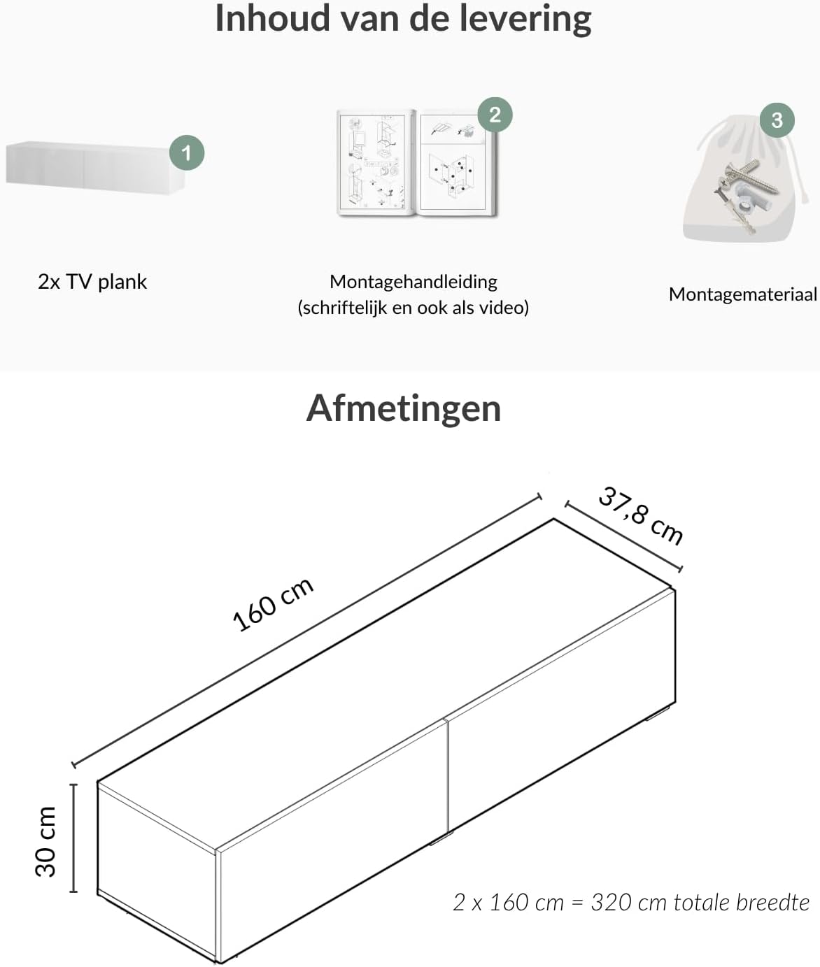 Planetmöbel West TV Cabinet, TV Table 320 cm Long, TV Cabinet Hanging or Standing for Living Room, 2X TV Wall Cabinet 37.8 x 160 x 30 cm, White - QUORE