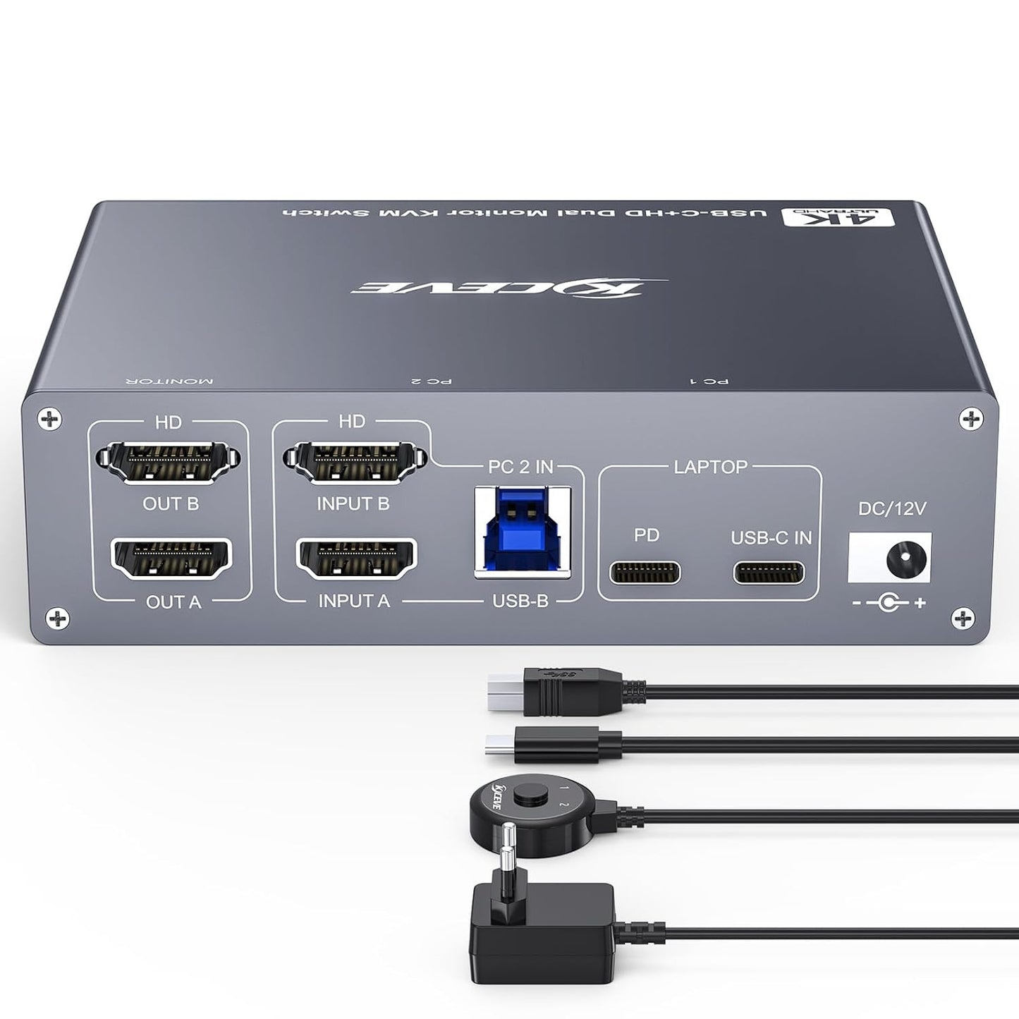 4K KVM Switch 2 Monitoren für 1 Laptop 1 Desktop, KUSB 3.0 KVM Switch 2 PC 2 Monitoren USB C, 4K@60Hz, MST, PD 100W, Aluminium, met Bedrade Afstandsbediening