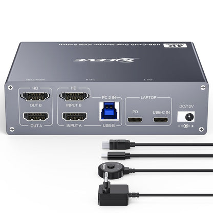 4K KVM Switch 2 Monitoren für 1 Laptop 1 Desktop, KUSB 3.0 KVM Switch 2 PC 2 Monitoren USB C, 4K@60Hz, MST, PD 100W, Aluminium, met Bedrade Afstandsbediening
