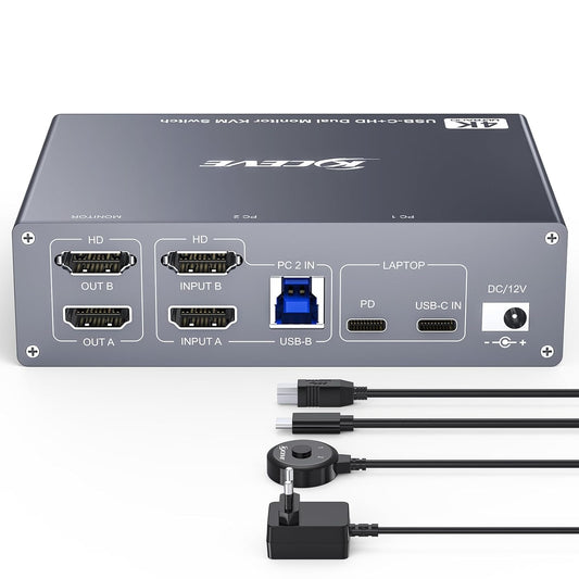 4K KVM Switch 2 Monitoren für 1 Laptop 1 Desktop, KUSB 3.0 KVM Switch 2 PC 2 Monitoren USB C, 4K@60Hz, MST, PD 100W, Aluminium, met Bedrade Afstandsbediening