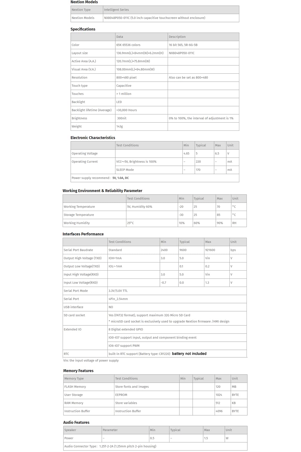 Nextion Display Intelligent NX8048P050-011C Intelligent 5 inch capacitief touchscreen 800 x 480 Seriële LCD TFT HMI weergavemodule NX8048P050-011C ondersteunt audio