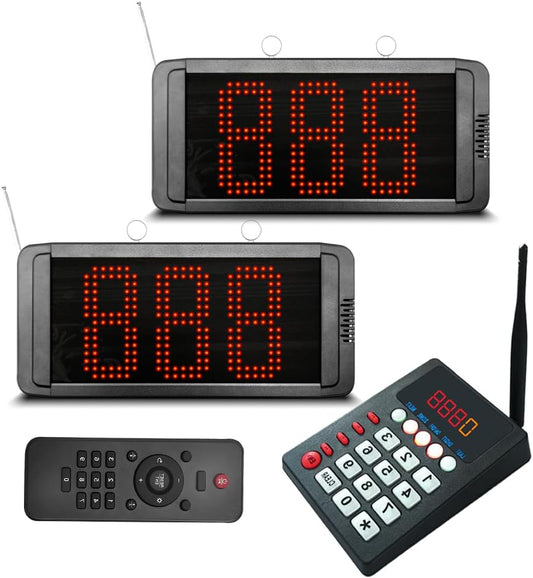 Wireless Queue Call System Pager - Number Display System Restaurant Pager System Customer Number System for Restaurant Hospital Bank Queue Management (1 Call Keyboard+2 Display) - QUORE