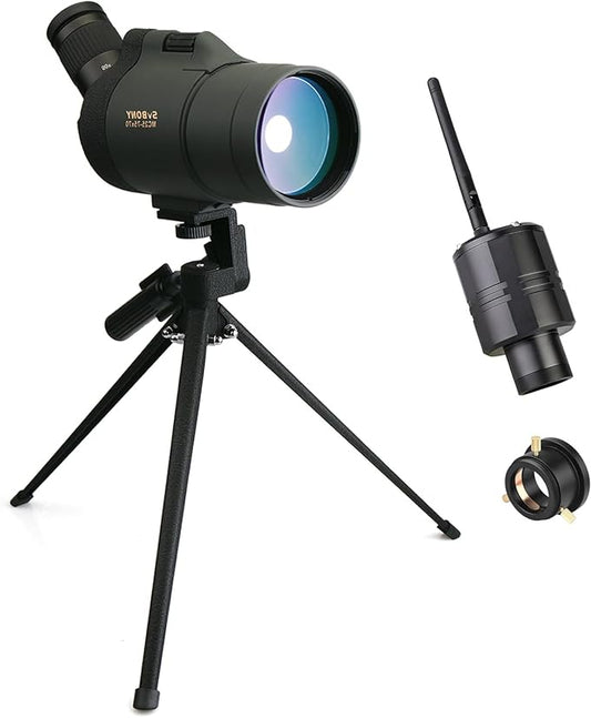 Svbony SV41 BAK4 FMC Spotting Scopes with WiFi Camera, 25-75 x 70mm Optics, Maksutov Spotter Scope, Compact Digiscoping with Desk Tripod Adapter SA404 for Bird Watching Purpose - QUORE