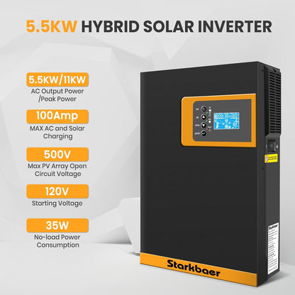 5,5 kW hybride omvormer, off-grid zuivere sinusomvormer, 48 V DC naar 230 V AC, met 100 A MPPT-zonnelaadregelaar, voor lood- en lithiumbatterijen (5,5 kW 48 V)