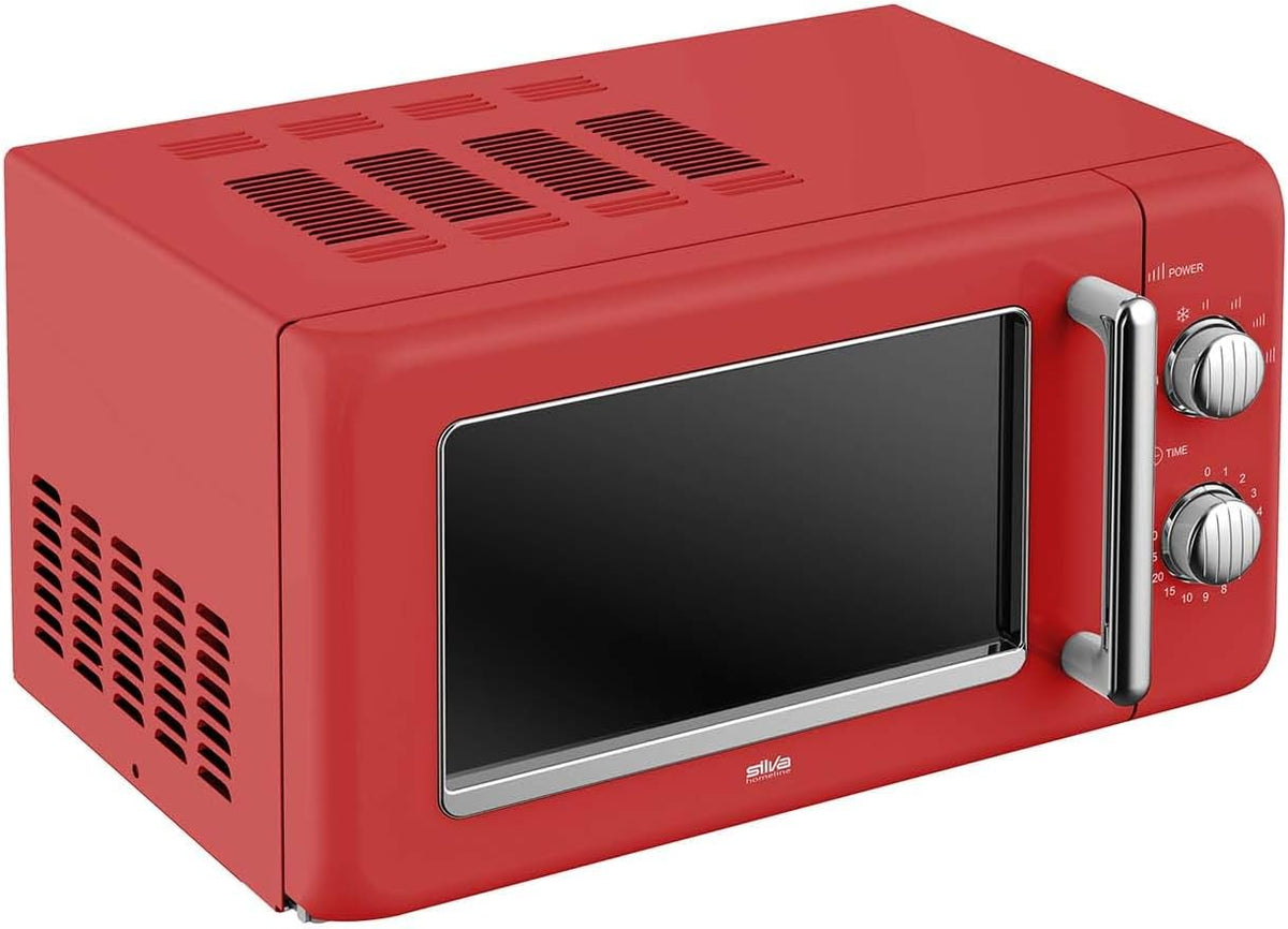 Retro Magnetron – Compacte Magnetron – Vintage Magnetron – Keuken Magnetron – Elektrische Magnetron – 20 Liter Inhoud – 700 Watt Vermogen – 6 Stands – Timer Met Eindsignaal – Rood Met Verchroomde Knoppen