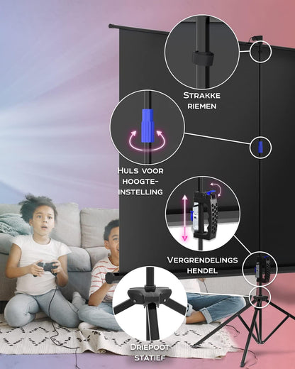 PropVue Projectiescherm met standaard, 100-120 inch (ca. 254-305 cm) projectiescherm voor binnen en buiten, voor film- of kantoorpresentatie, instelbaar van 16:9 tot 4:3, HD-premium kreukvrij statiefscherm