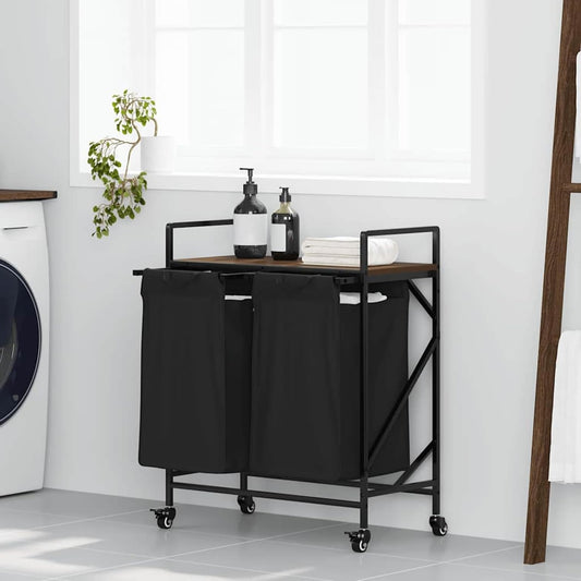 Wasmmand – Wasbak – Wascontainer – Waschmand – Wasbox – 3 Compartimenten – Sonoma Eikenhouten Plank – Uitneembare Waszakken – Wieltjes Met Rem - QUORE