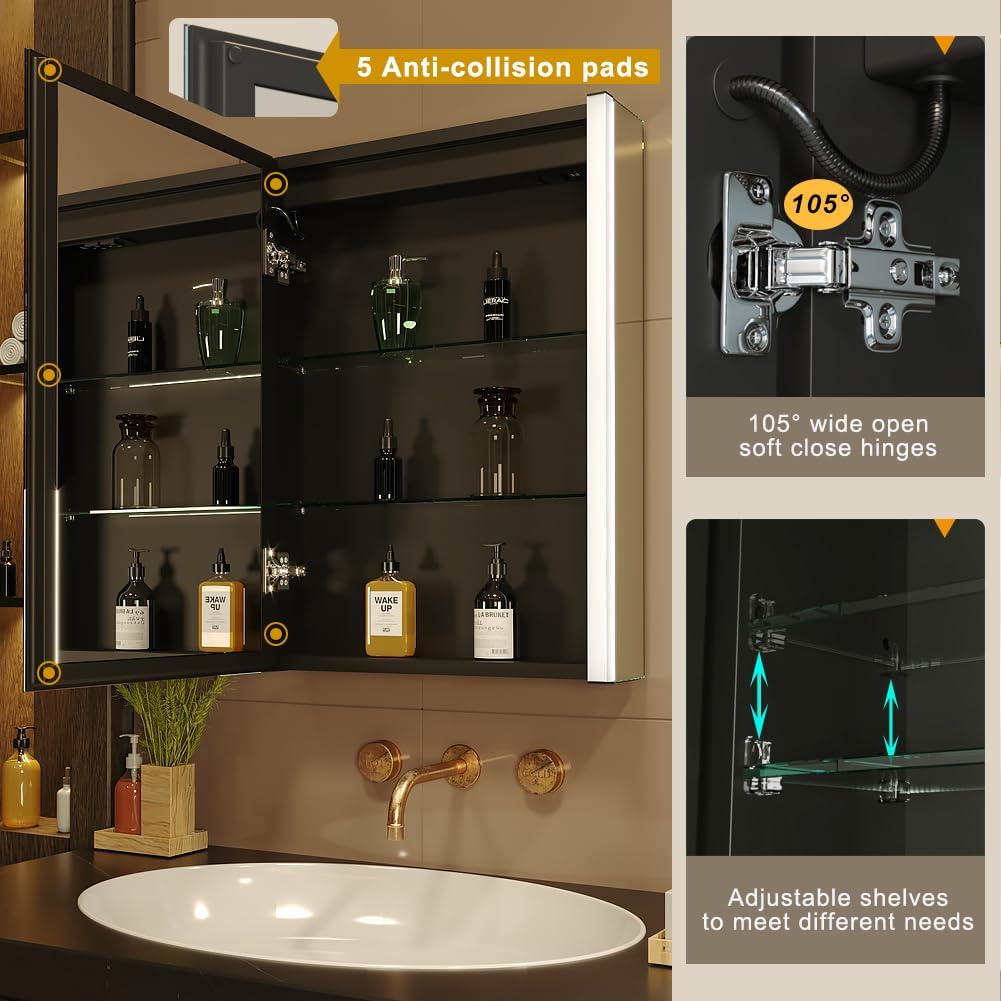 Badkamerspiegel – Spiegelkast – Spiegelwandkast – Led Spiegel – Badkamerkast – Verlichte Spiegelkast – Dimbaar Licht & Anti-Condens – 55x70 cm – USB Stopcontacten - QUORE