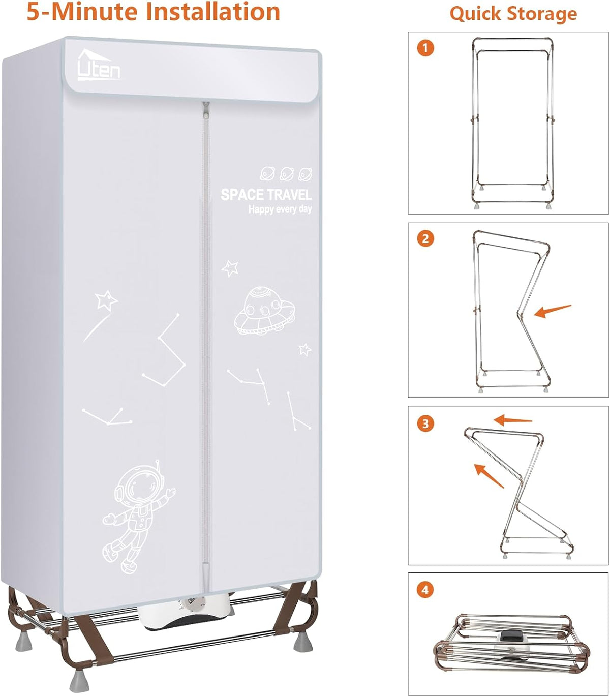 Elektrische Wasdroger – Draagbare Kledingkast – Droogmachine – Wasrek – Drogen Zonder Installatie – 170 cm Hoog – 1500 W Vermogen – Grijs