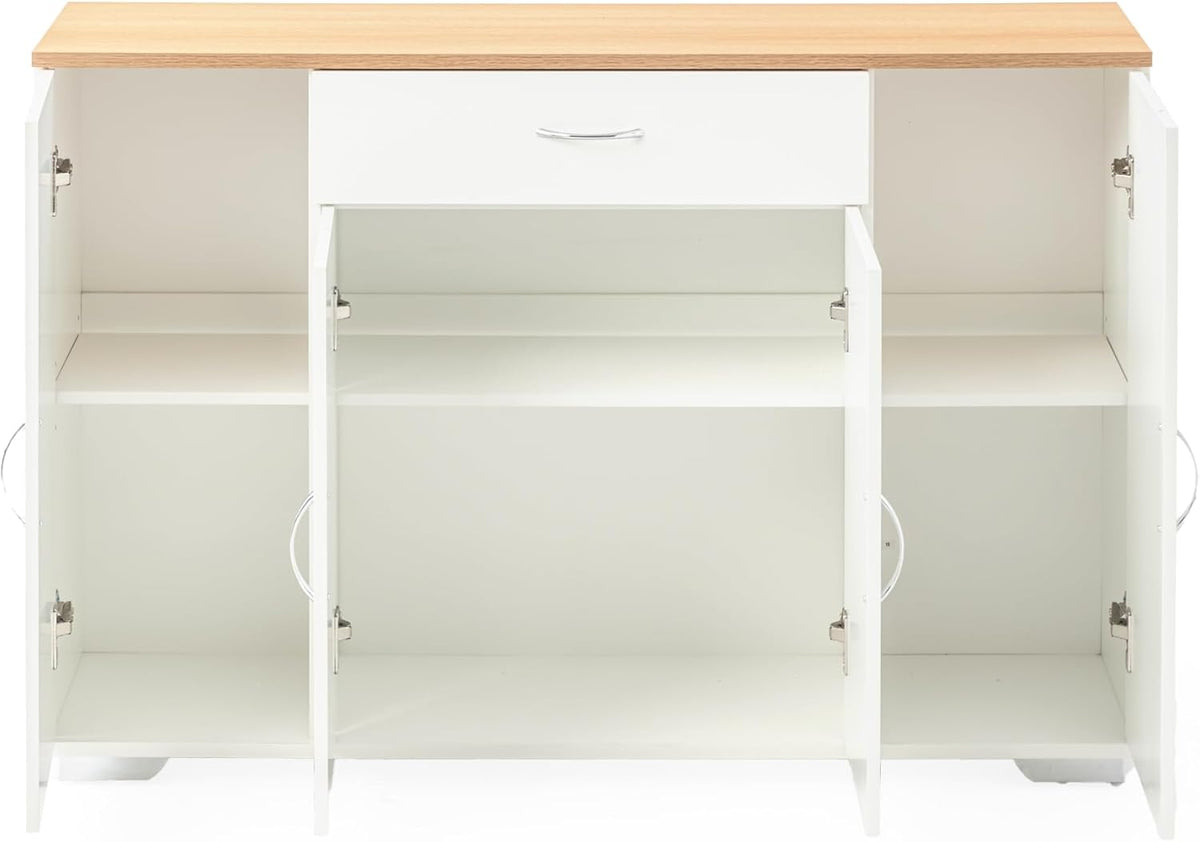 FurnitureR Buffet Multi-Storage Unit, Sideboard, Keukenkast, Cupboard met 4 Deuren 1 Drawer, Grote Plank Ruimte voor Keuken, Dining Room, Planken en Opbergruimte, Houten Top, 118 x 30 x 70 cm