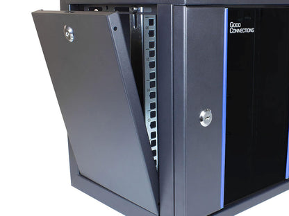 10" wandbehuizing - 12HE - netwerkkast 10 inch - diepzwart (RAL9005) - 312x300x615mm - gemonteerd - afsluitbare veiligheidsglazen deur en zijpanelen - profielrails diepvariabel