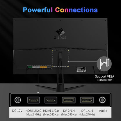 Z-Edge Gaming Monitor 27'' 240Hz, IPS Panel, 1ms, Screen FHD LED (1920x1080) with HDMI Cable, FreeSync, 400cd/m², HDMI 2.0 * 2 & DP 1.4 * 2, Adjustable Tilt, Ultra Slim Frame, VESA Mountable