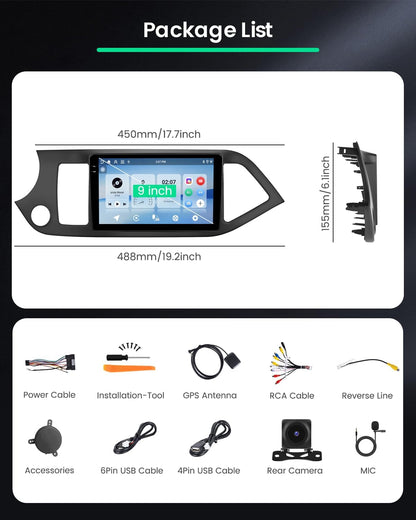 4+64G Android 15 autoradio voor KIA Picanto TA 2011-2016 met Carplay Android Auto, 9 inch autoradio Incell touchscreen met GPS Bluetooth EQ WIFI RDS FM SWC MIC achteruitrijcamera
