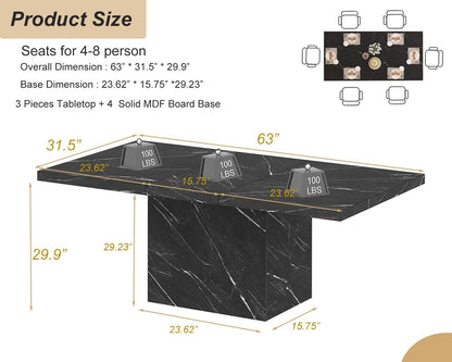 HSH Zwarte Faux Marmeren Eettafel, 63" Moderne Eettafel voor 6 Personen, Boerderij Rechthoekige Keuken Tafel voor Woonkamer, Lange Houten Eetkamer Tafel met Sterk Sokkel, Zwart Marmer, 63"