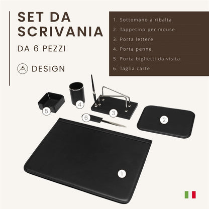 Bureauset 6-delig - 100% Volnerf Leer, natuurlijke look - Handgemaakt in Italië door ambachtslieden - Elegant en functioneel, ideaal voor op kantoor - Zwart