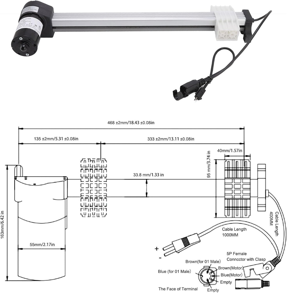 Motoractuator Elektrische Bank – Power Recliner Motor – Sofa Verstelmotor – Liftstoel Motor – Relaxfauteuil Motor – 1000N Stuwkracht – 333mm Slaglengte – Stil ≤55dB