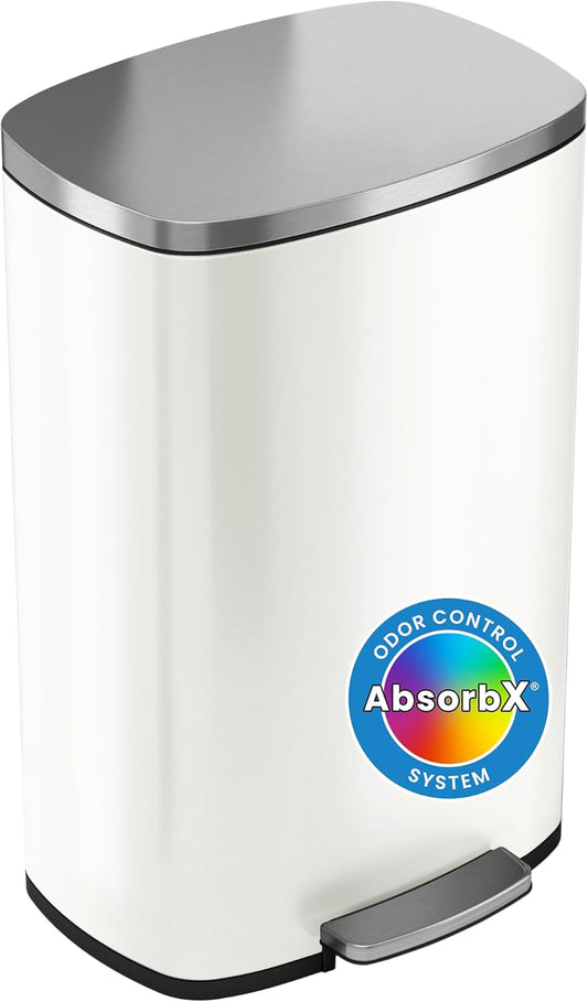 iTouchless SoftStep 13.2 Gallon Stainless Step Pedaal Garbage Can with Odor Control System, 50 liter Trash Bin for Kitchen, Office Home - Silent and Gentle Open and Close, Ivory White