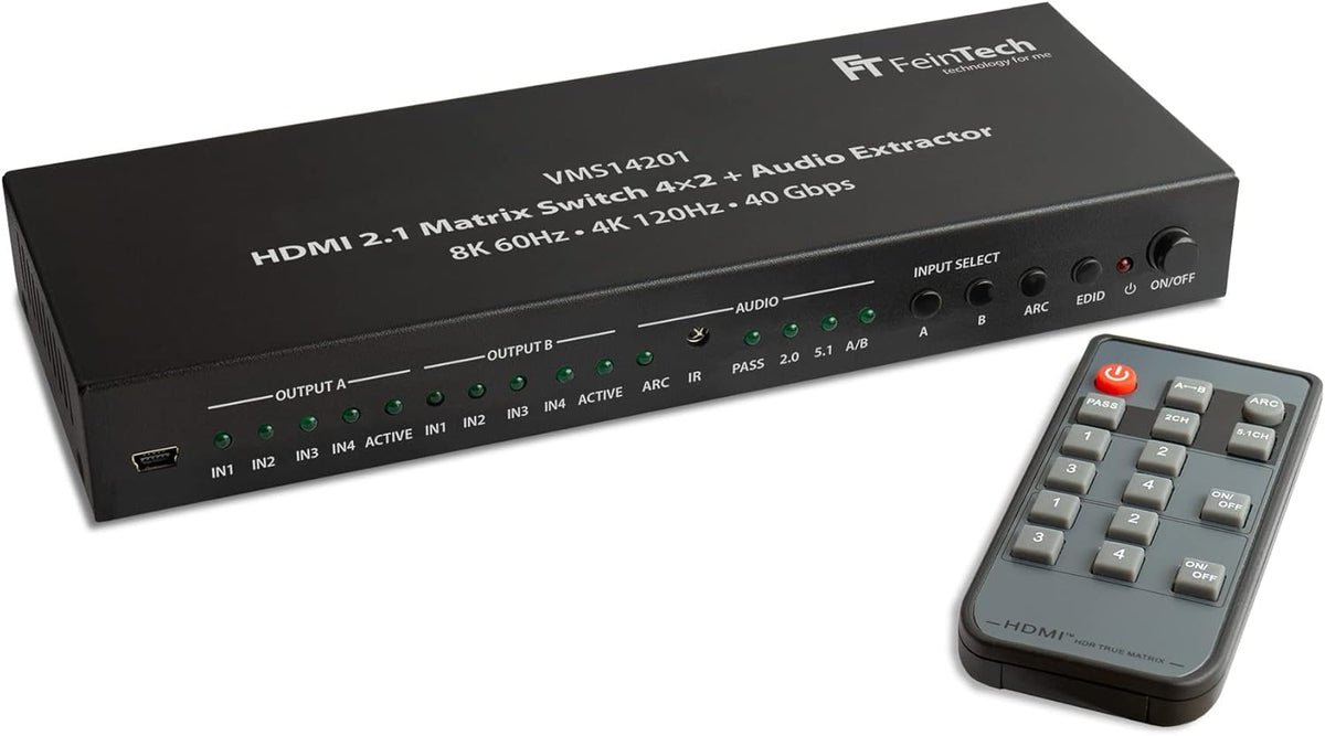 FeinTech VMS14201 HDMI 2.1 Matrix Switch 4 x 2 Schakelaar 4K 120Hz 8K Ultra HD 4 in 2 Out Audio Extractror ARC Toslink SPDIF Downscaler voor Xbox PS5 TV Monitor HDR VRR 40Gbps
