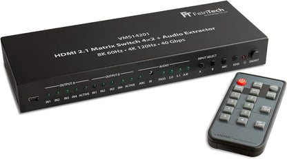 FeinTech VMS14201 HDMI 2.1 Matrix Switch 4 x 2 Schakelaar 4K 120Hz 8K Ultra HD 4 in 2 Out Audio Extractror ARC Toslink SPDIF Downscaler voor Xbox PS5 TV Monitor HDR VRR 40Gbps