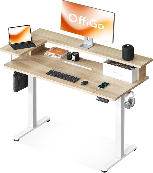 OffiGo Height Adjustable Desk, One-Piece Tabletop, 120x60 Electric Desk with L Monitor Holder, Standing Desk with Drawer, Standing Desk with USB, Ergonomic Computer Desk, Beige - QUORE