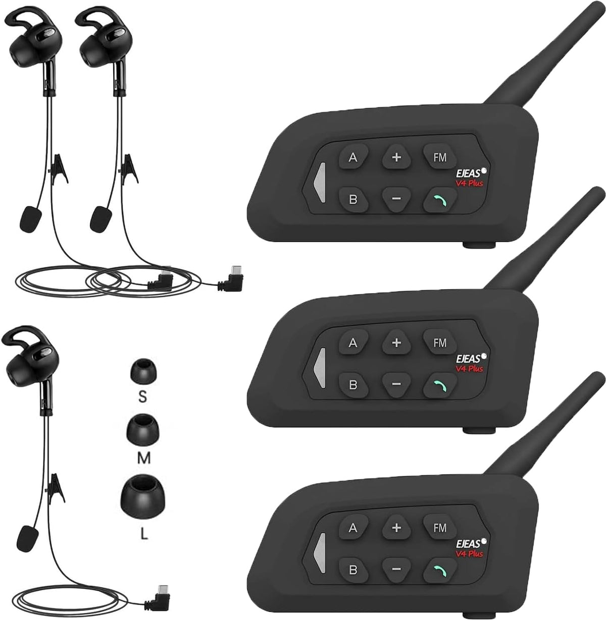 SolaMr V4C Plus Scheidsrechtersintercomhelmhoorn, Bluetooth 5.1 Sprekers Voor Het Rechteroor, Interfoniekencommunicatiesysteem met CVC Geruisreductie, FM Radio en 4 Weg Intercom tot 1500 Meter - 3 Pak