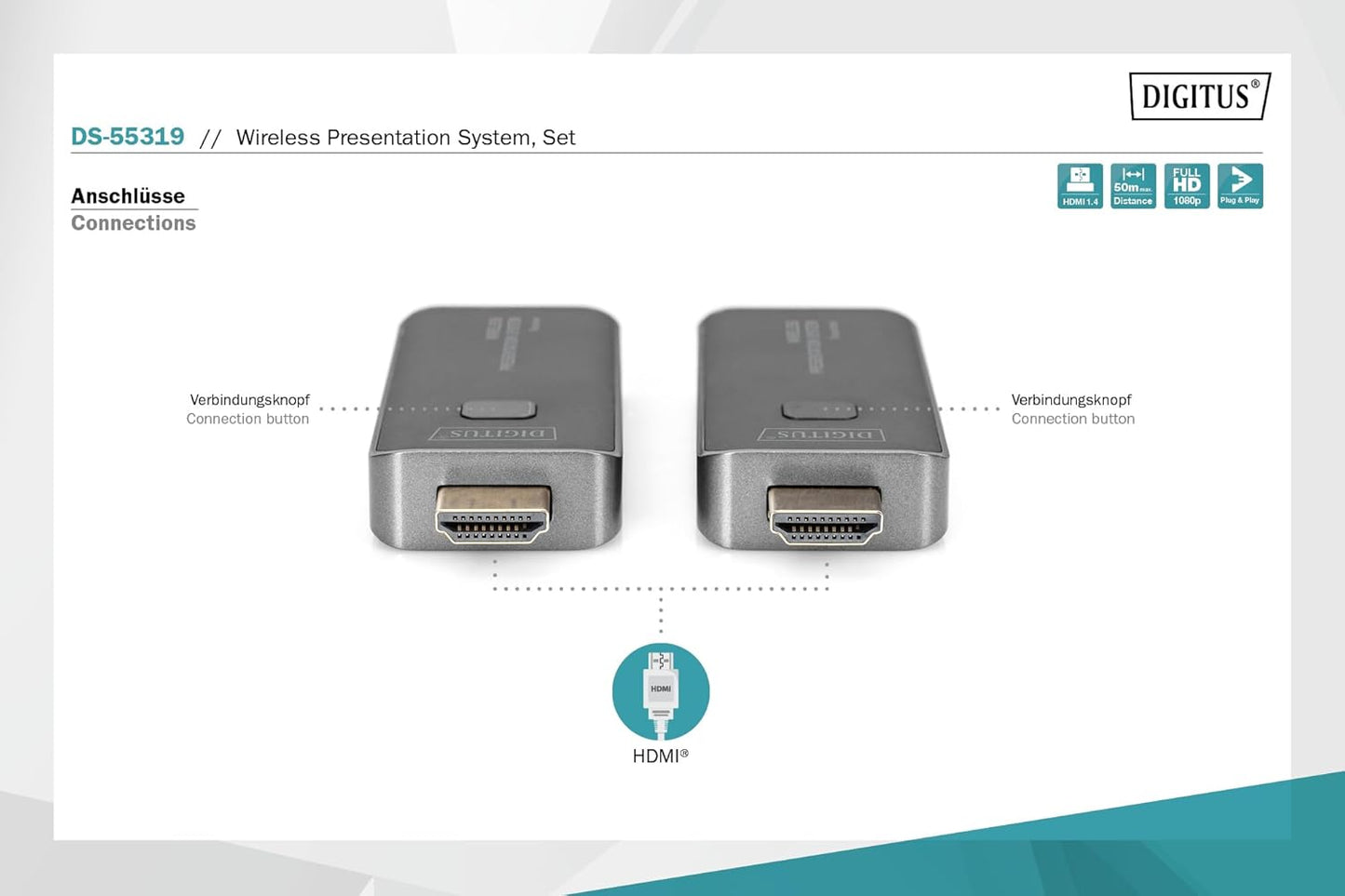 DIGITUS DS-55319 Click & Present Mini - Draadloos presentatiesysteem - BYOD: Laptop, tablet, smartphone - Geen app/driver nodig - Echt Plug & Play - Zilver/Zwart