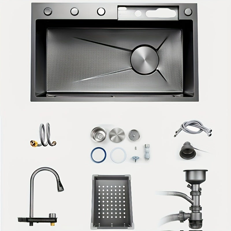 A European-Style Stainless Steel Single-Bowl Kitchen Sink with Waterfall Faucet, Digital Display Screen, Honeycomb Nano Worktop, Multifunctional Top Installation, Undermount, Right Drainage, Including Faucet, No Need for Batt