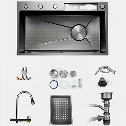 A European-Style Stainless Steel Single-Bowl Kitchen Sink with Waterfall Faucet, Digital Display Screen, Honeycomb Nano Worktop, Multifunctional Top Installation, Undermount, Right Drainage, Including Faucet, No Need for Batt