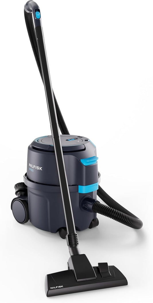 NILFISK Droogzuiger VP400 HEPA EC EU – incl. filter en sproeiers (afmetingen 398 x 340 x 395 cm, kleur donkerblauw, filterzak volume 15 l, gewicht 5,5 kg) 107421172
