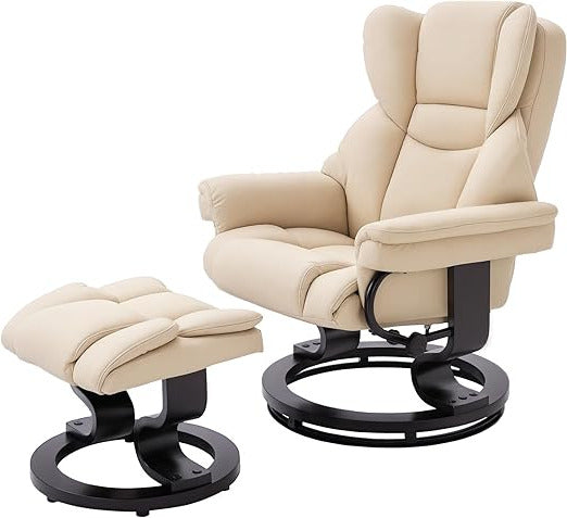 HOMCOM Armchair with Stool, Swivel TV Chair, TV Chair with Reclining Function, Armchair, Armchair for Living Room, Bedroom, Faux Leather, Cream - QUORE