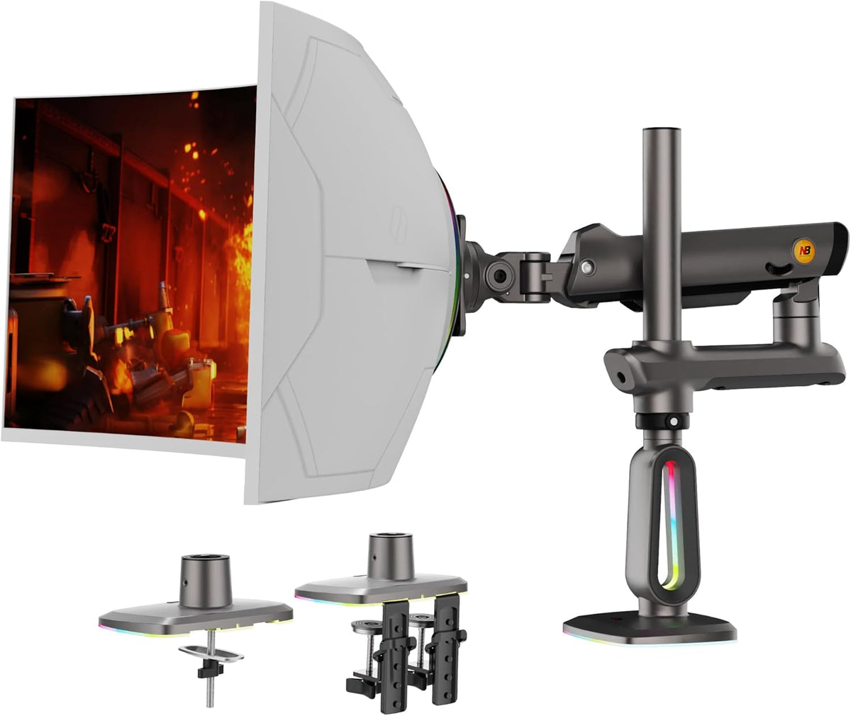 RGB Monitorhouder voor 32 tot 60 inch platte ultrabrede gebogen computerschermen, heavy duty beeldschermstandaard monitor arm 49 57 inch belasting. Max 20 kg, VESA 75 & 100 mm