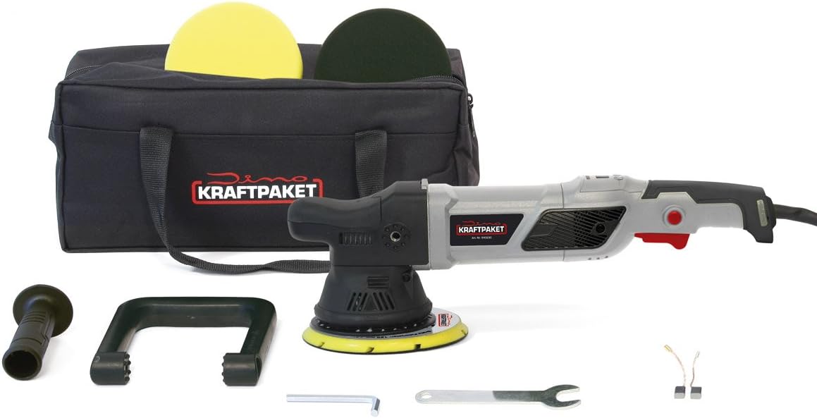 Dino KRAFTPAKET Excentrische polijstmachine, 21 mm - 950 W, 12-traps met lcd-display en geheugenfunctie, set met polijstspons, polijstschijf, tas voor auto, boot, XXL-HUB