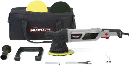 Dino KRAFTPAKET Excentrische polijstmachine, 21 mm - 950 W, 12-traps met lcd-display en geheugenfunctie, set met polijstspons, polijstschijf, tas voor auto, boot, XXL-HUB