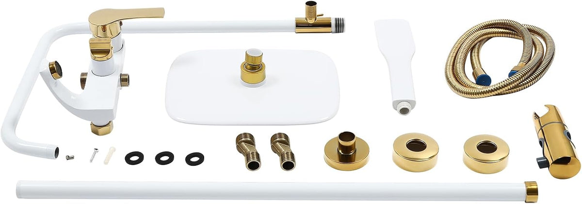 OUKANING Shower Faucet with Rain Shower, Brass Stainless Steel and ABS, Shower System Shower Set, 3 Water Outlet Modes, Indoor Housewarming Gift (White, Gold) - QUORE