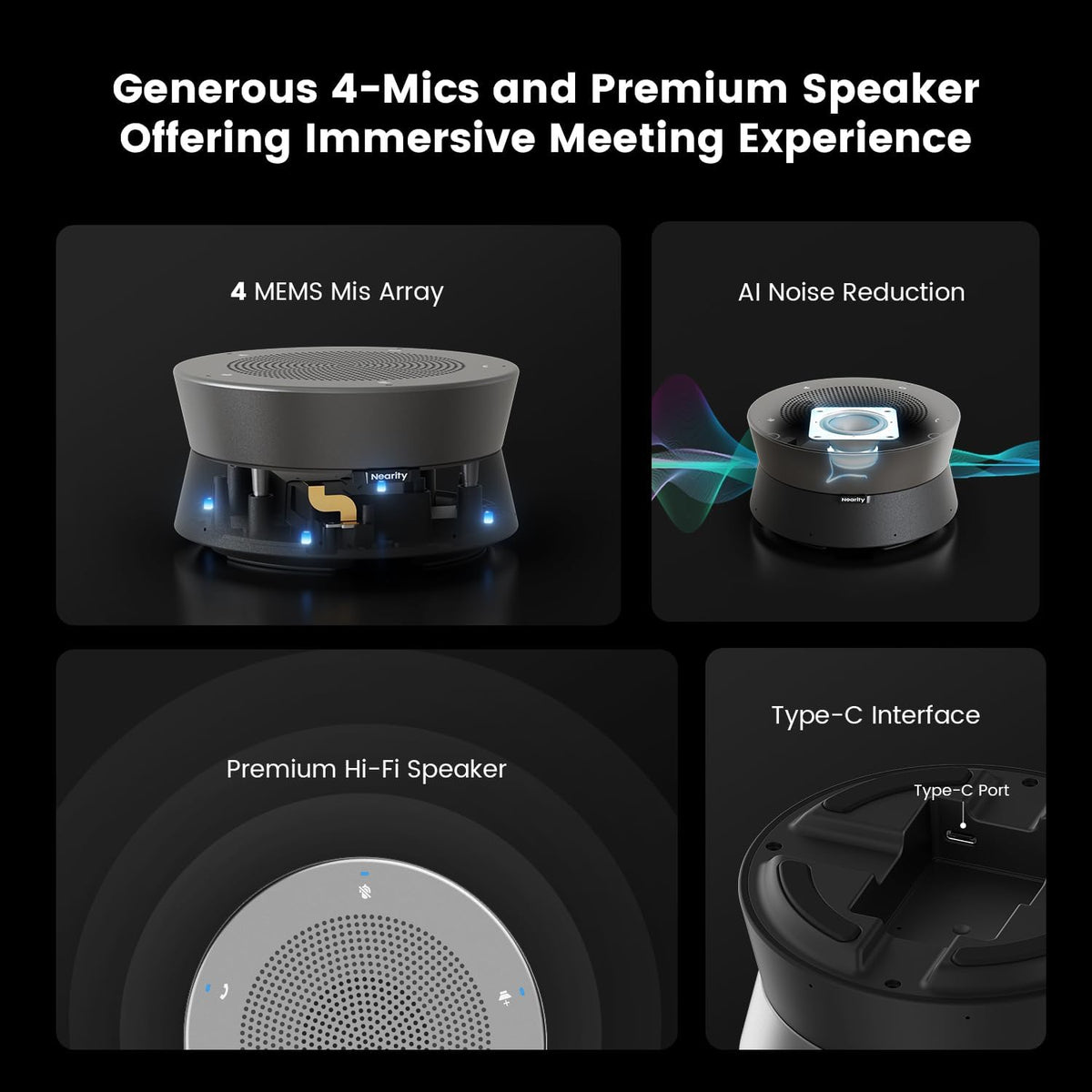 NEARITY A11 Conferentie Luidspreker en Microfoon, 4 Microfoons USB Speakerphone met AI Noise Cancelling, 4 m Audio Pickup, Plug and Play Computer Speaker met Microfoon voor Werk/Online