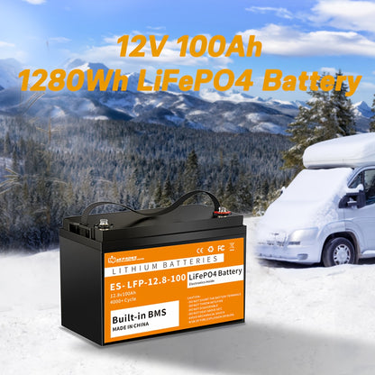 12V 100Ah LiFePO4 Accu – Lithium Batterij – Energieopslag Batterij – Diepteontlading Accu – Solar Accu – Lange Levensduur – Lichtgewicht ABS Behuizing