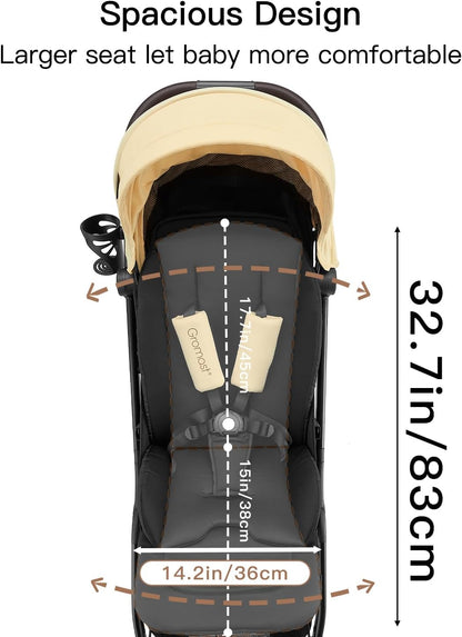 Gromast Gravity Opvouwbare babybuggy met verstelbare rugleuning en zonnedak, lichtgewicht en uv-bescherming, met één hand automatisch inklapbaar, beige