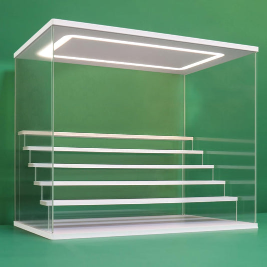 Nonemey Transparante Acryl Vitrinestandaard met Led Licht, 2/3/4/5/6 Lagen Opslag Vitrine Stofdichte Organisator Acryl Doos voor verzamelobjecten Beeldjes (Wit, 6Tier-49*30*40 cm)