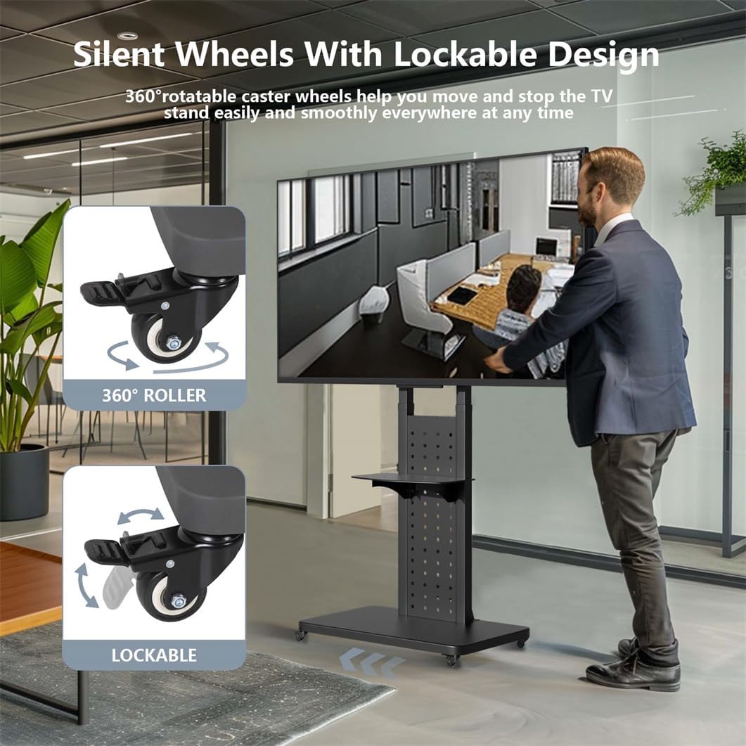 Vloer-Tv-Standaard Op Wielen – Verrijdbare Tv Standaard – Tv Statief – Tv Vloerstandaard – Mobiele Tv Standaard – Voor 32-65 Inch – 90° Draaibaar